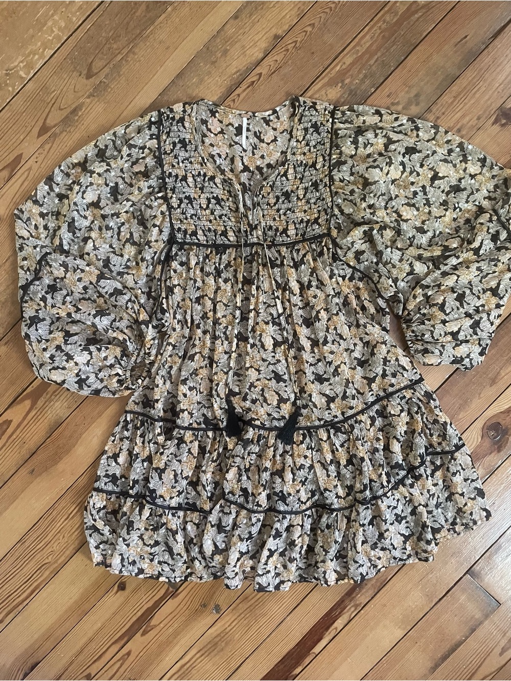 Free People Floral Puff-Sleeve Peasant Top/Dress Sheer